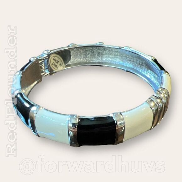 Bundle Sale 3 for $15 | Silver Tone Metal Black & Cream Enamel Hinge Bracelet - Picture 5 of 8